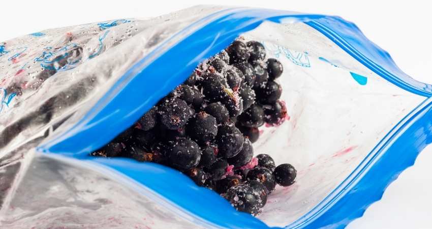 Blueberries inside a freezer bag.