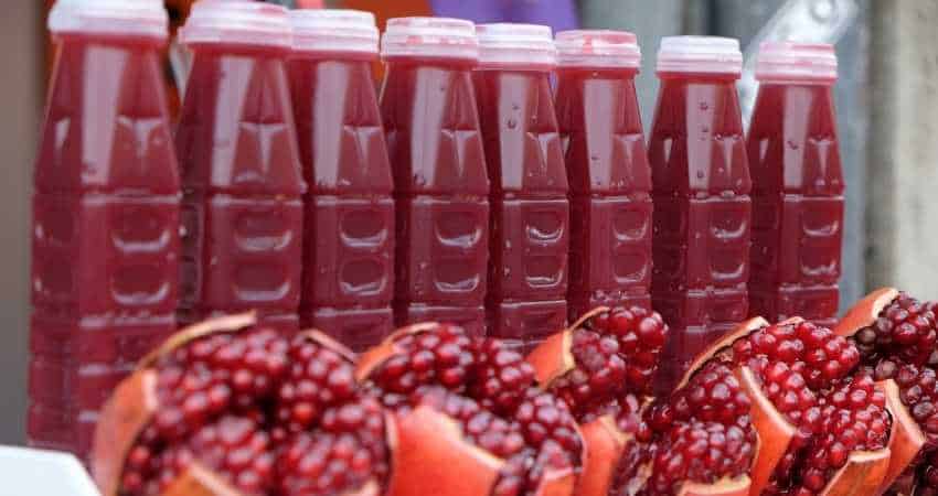 pomegranate juice in plastic bottles.