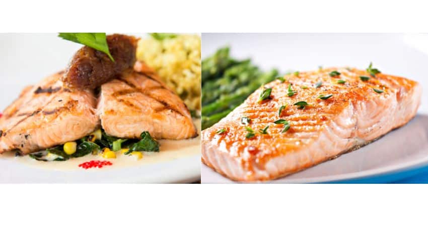 Char on the left and salmon on the right.