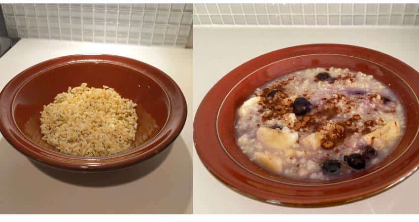Kevin Garce prepared brown rice on the left and oatmeal on the right
