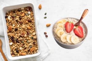 a pan of granola and a bowl of oatmeal