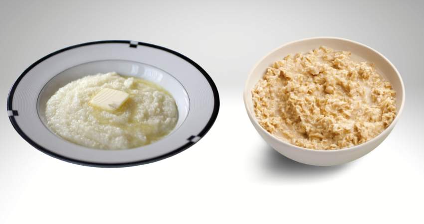 Cooked grits and cooked oatmeal In bowls.