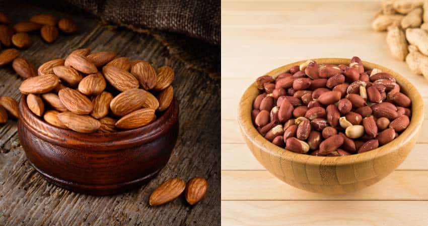 Almonds and peanuts in bowls