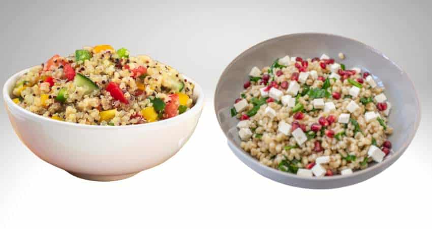 Cooked quinoa and cooked barley in bowls