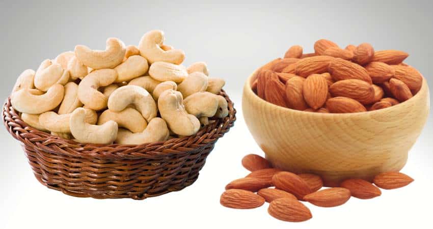 Almonds and cashews in bowls