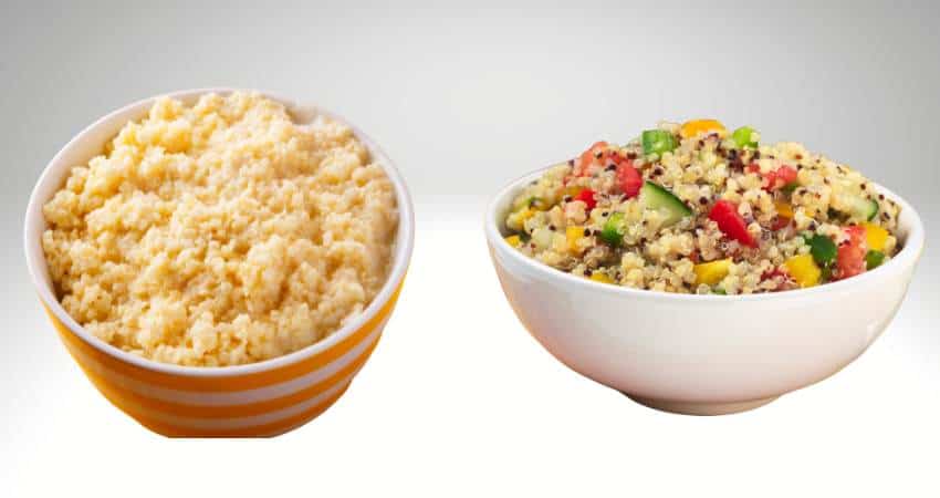 Cooked millet and cooked quinoa in bowls