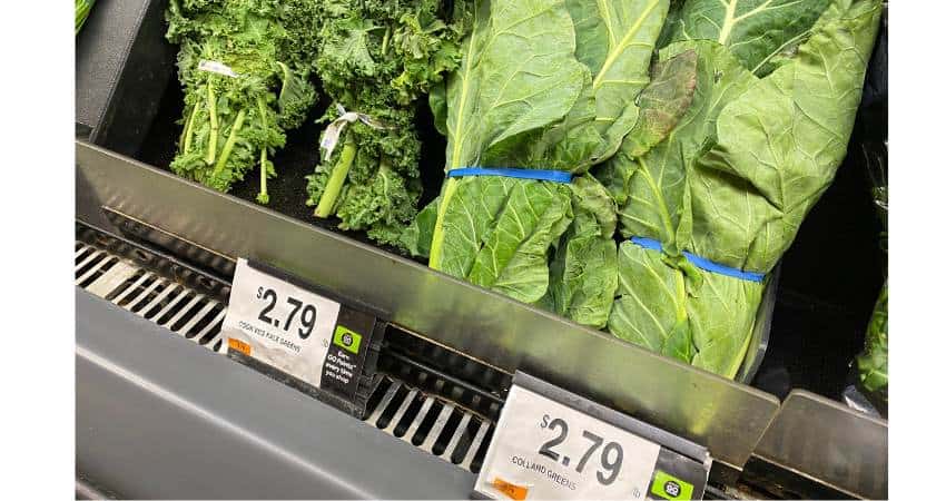 Kevin Garce checking spinach and collard greens in his local supermarket