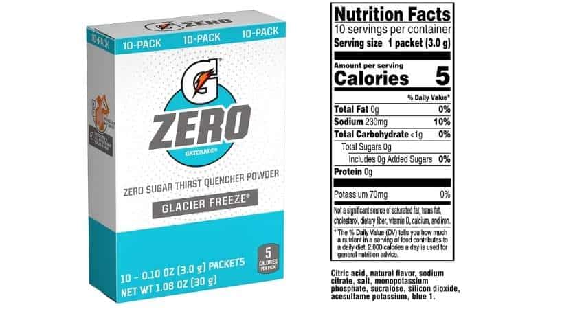 Gatorade zero packets and nutrition label.
