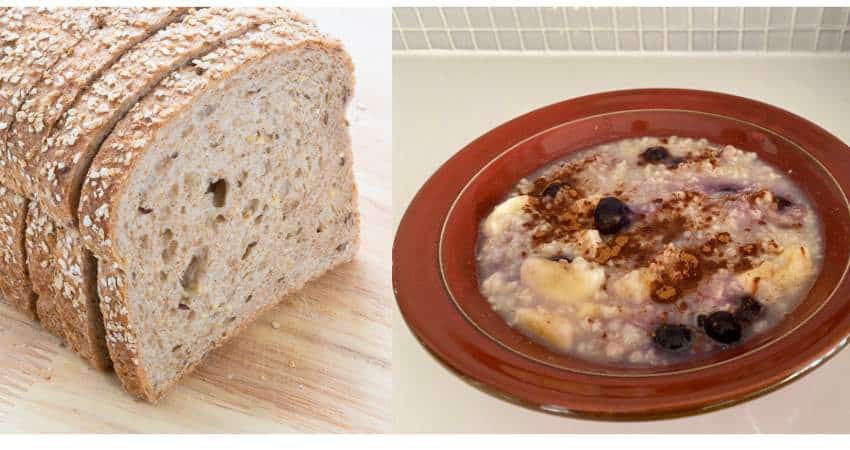 Kevin Garce prepared cooked oatmeal on the right and whole wheat bread on the left.