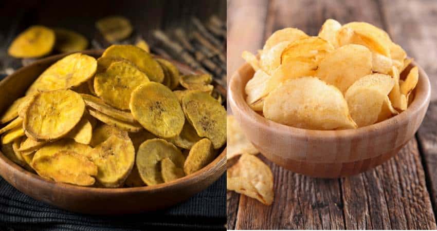 Plantain chips on the left and potato chips on the right