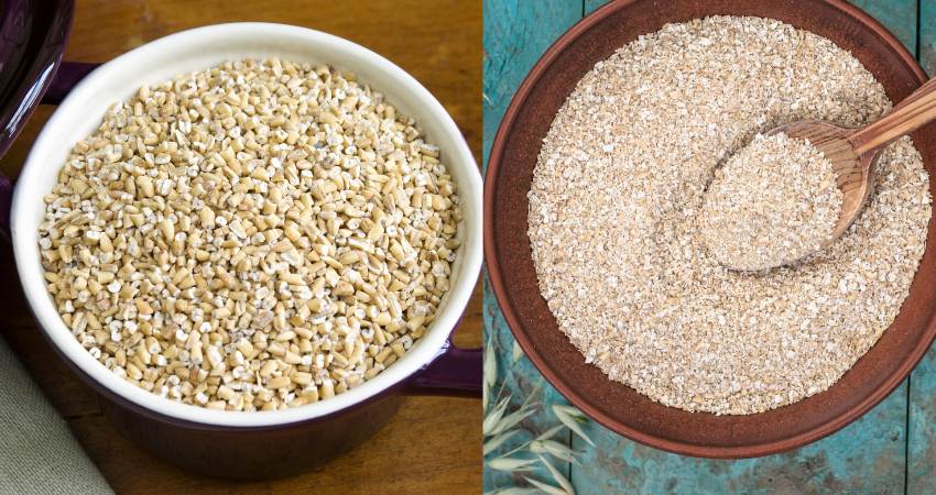 Steel cuts oats on the left and regular oats on the right.