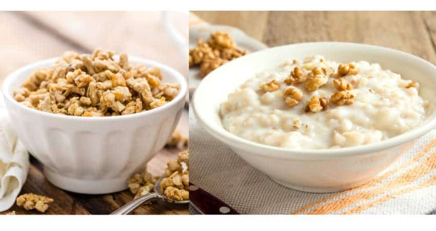 Granola on the left and oatmeal on the right