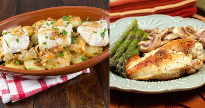 Cod dinner on the left and chicken dinner on the right