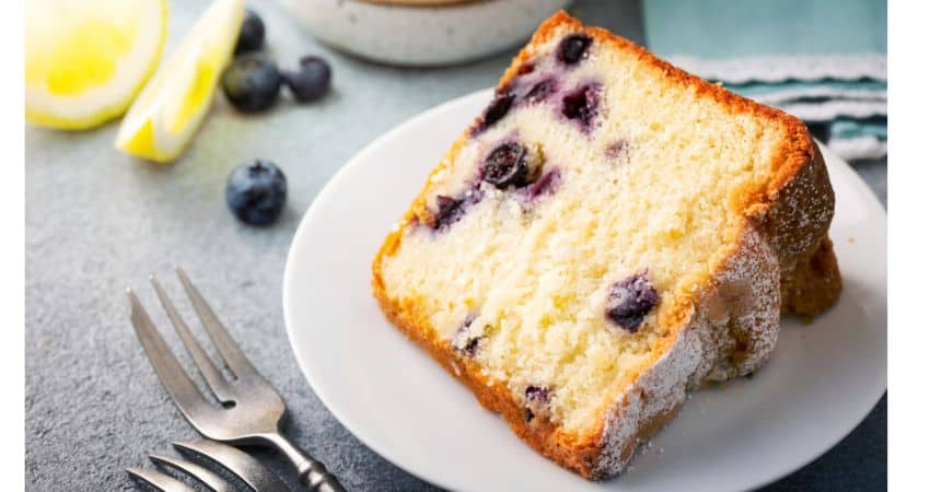Blueberries in a cake.