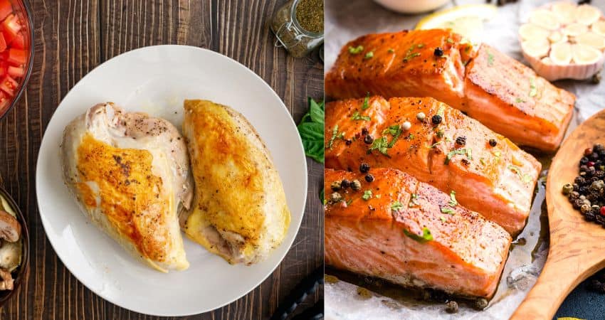 Chicken breasts on the left and salmon fillets on the right.