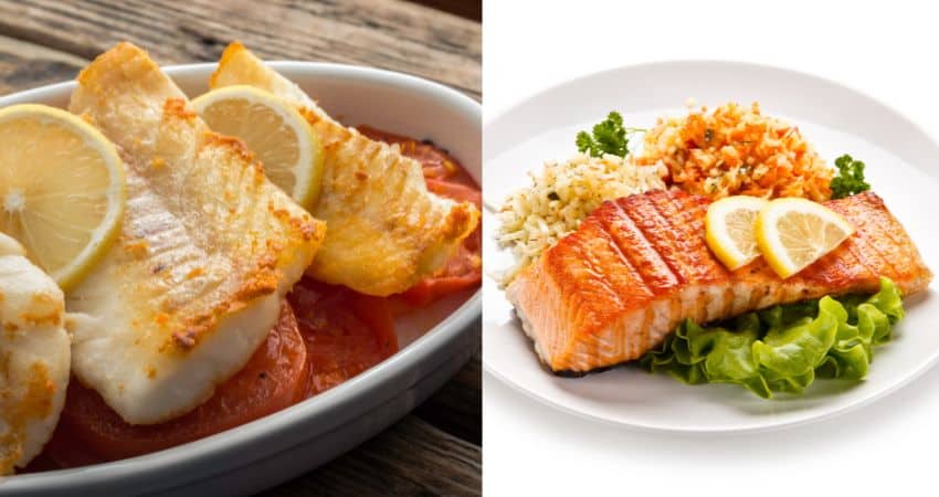 Cod fish fillets on the left and salmon on the right.