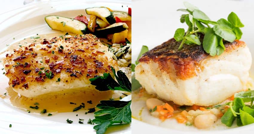 Halibut dinner on the left and cod on the right.