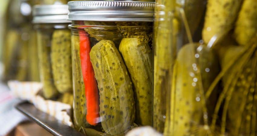 Pickles stored in a jar.
