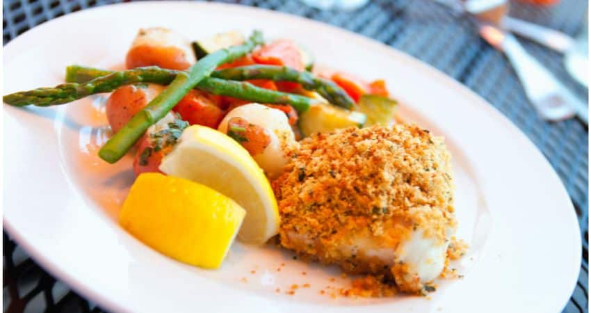Scrod with asparagus and potatoes.