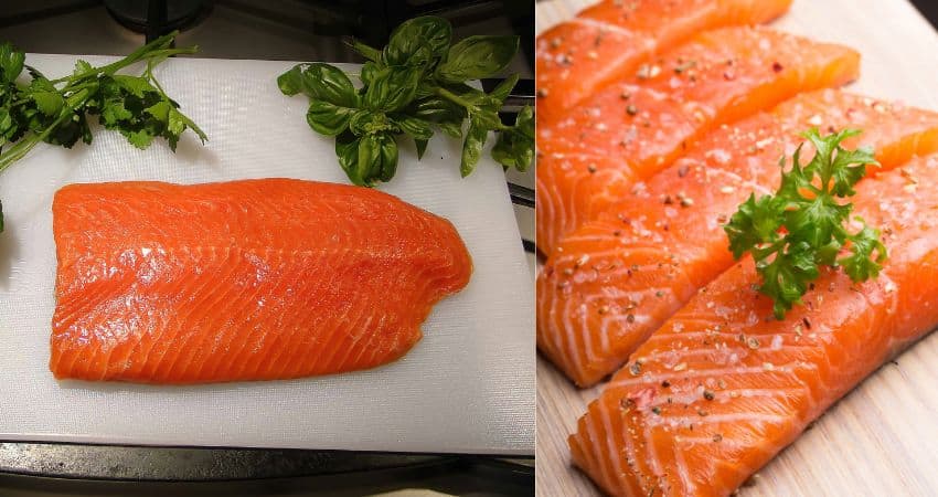 Sockeye salmon on the left and pink salmon on the right.