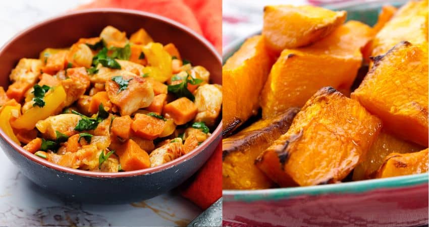 Sweet potato on the left and pumpkin on the right.