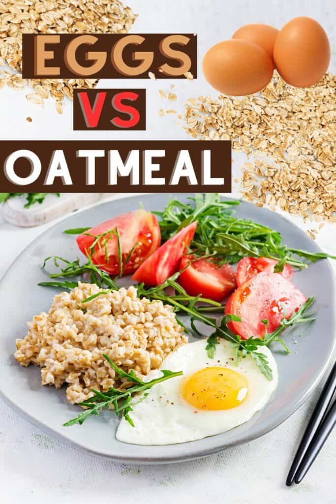 Eggs and oatmeal on a plate.