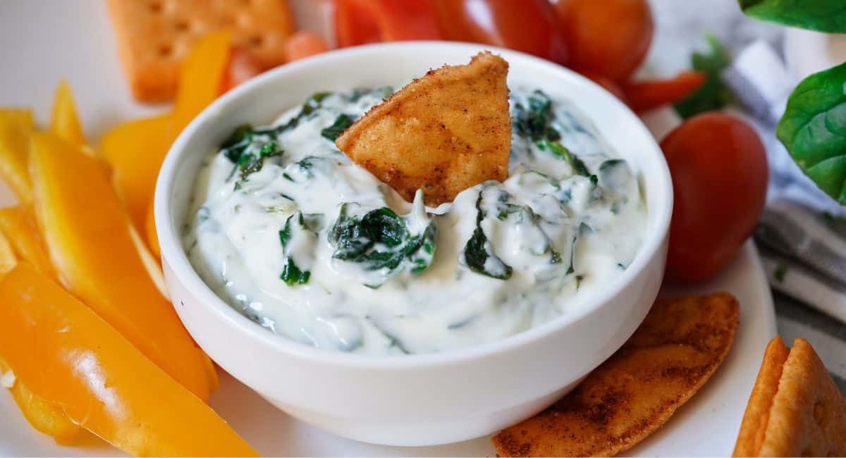Spinach dip in a bowl.